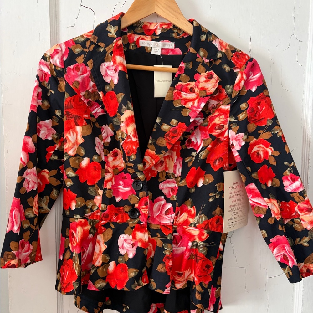 Boston Proper Black Blazer with Red and Pink Rose Print